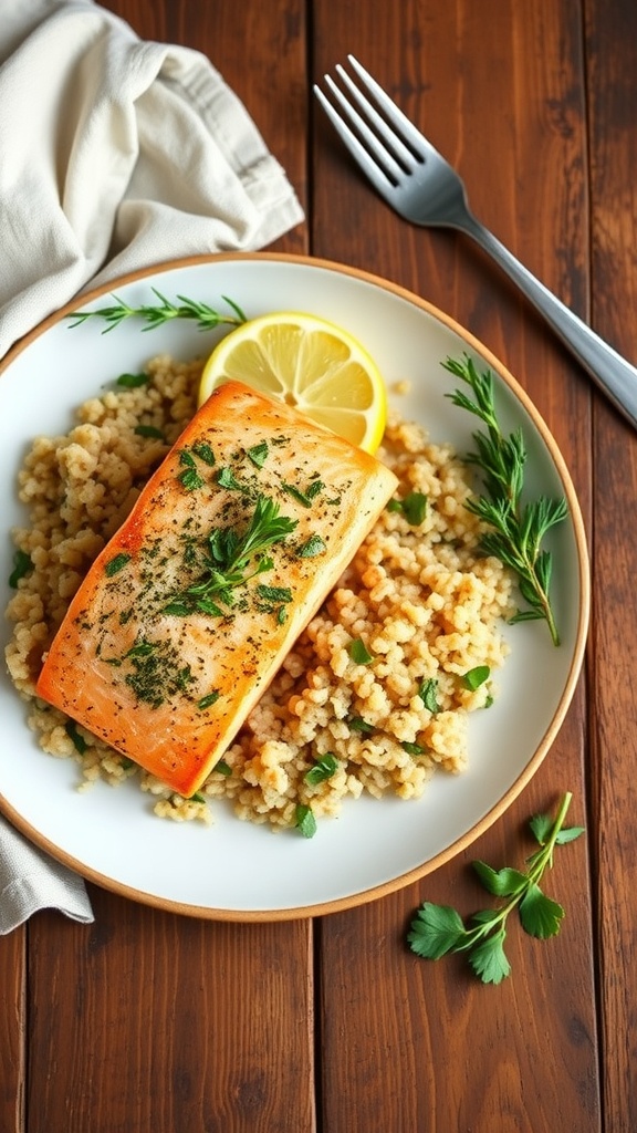 Garlic Herb Baked Salmon with Quinoa Garlic herb baked salmon on a plate with quinoa and lemon, showcasing a healthy and delicious meal.